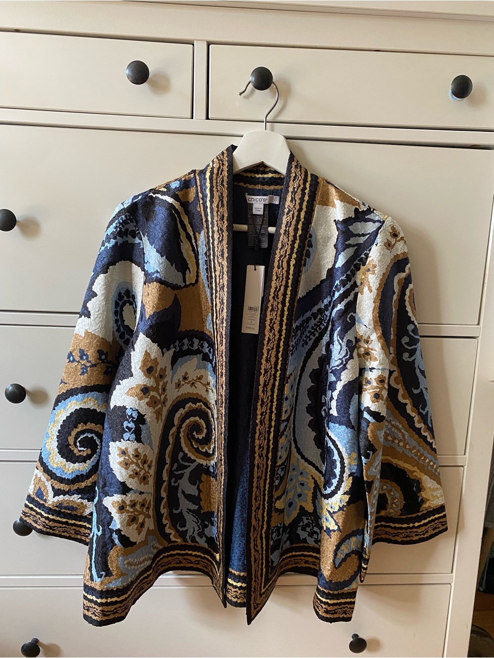 Chico's Navy, Gold and Light Blue Patterned Open-Front Jacket